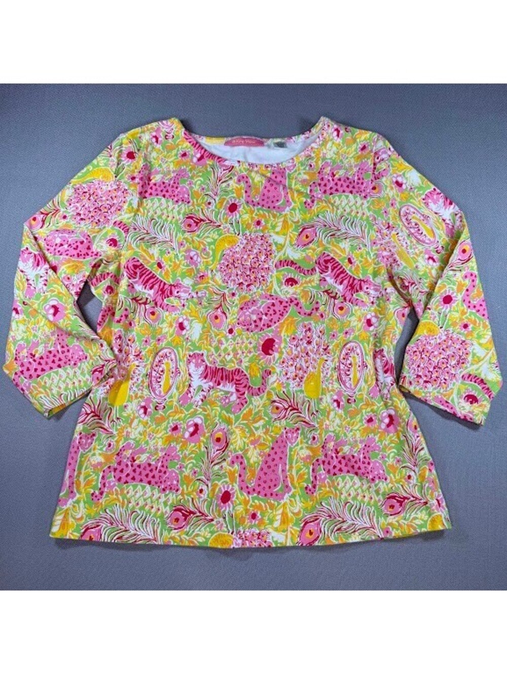 Key West Hand Print Fashions Royal Zoo Top Pink Yellow Safari Tiger Leopard M